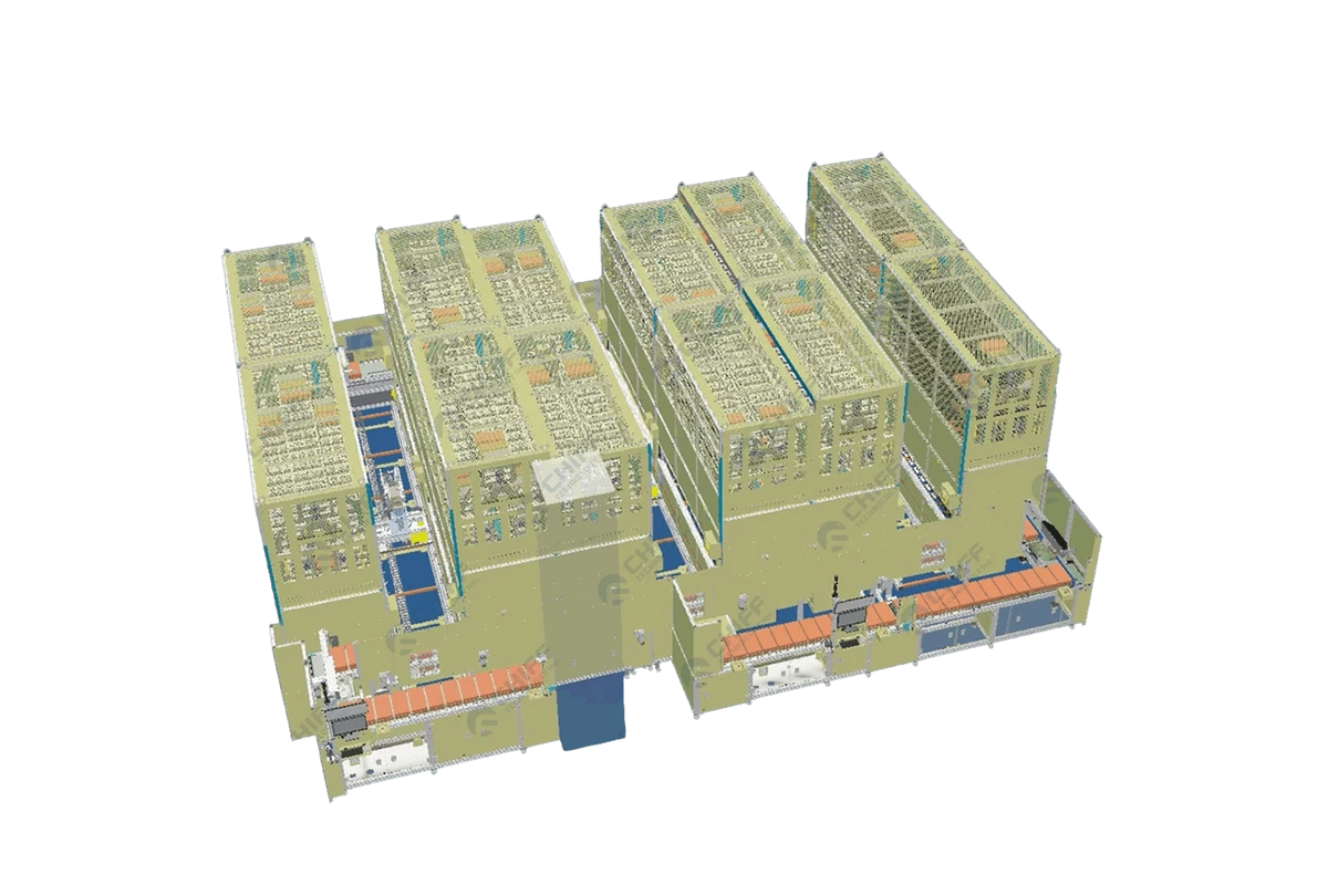 啟賦 CHIFF ASRS 庫房自動化倉儲系統俯視圖，呈現多排儲存區與傳輸輸送帶